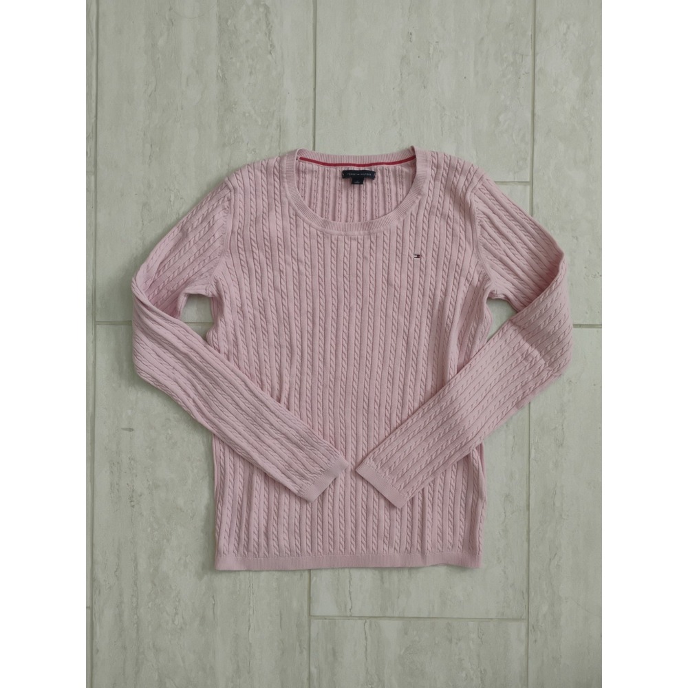 Tommy Hilfiger Cable Knit Sweater Womens Medium Blush Pink Crew Neck Pullover